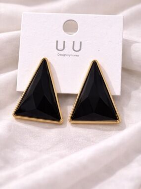 Black Acrylic Triangle Statement Earrings with Gold Trim NEW